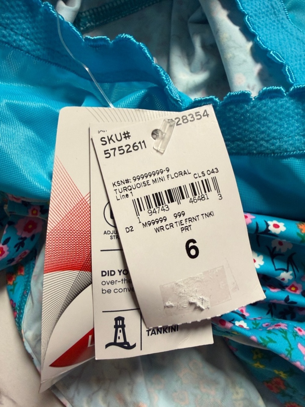 Lands’ End Size 6 Tie Front Underwire Tankini Top Turquoise Mini Floral NWT - Picture 5 of 5